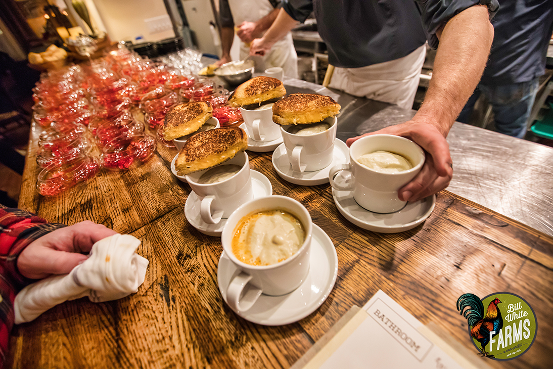 The second course: roasted pepper + tomato "cappuccino" with grilled cheese garnish. This was the dish Bill's mom prepared for him whenever he was feeling sick as a child.&nbsp;